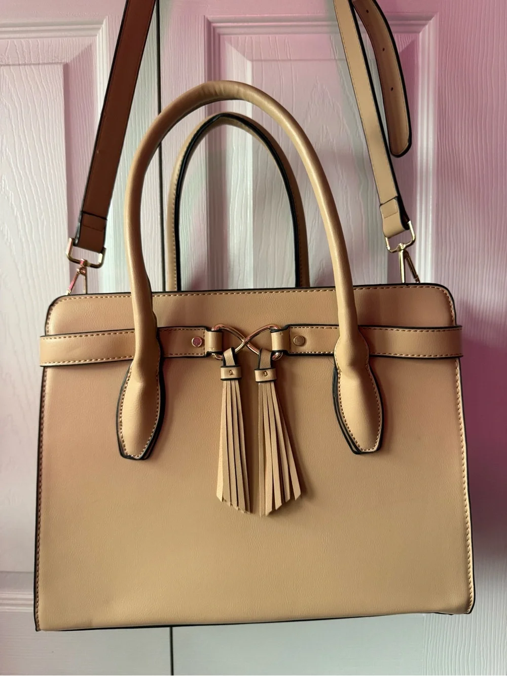 Structured Tan Tote Bag with Tassel Accent